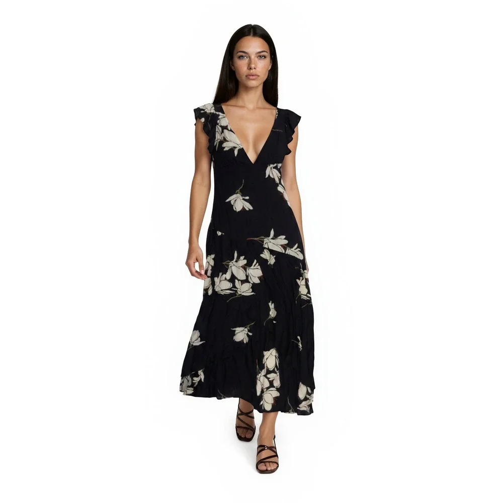 Free People Maxi Dress Women's Size 0 Black Floral Magnolia Boho‎